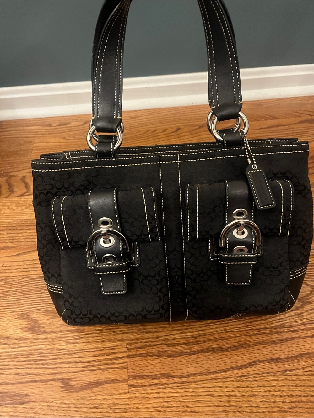 COACH Soho Hobo Signature Black Leather Canvas Tote Bag Rare Y2K No 3646